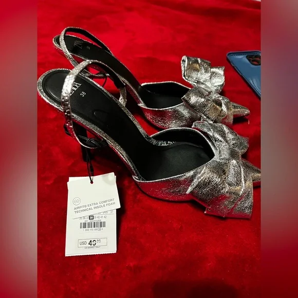Zara Silver Metallic Slingback Heels with Bow - Picture 7 of 7